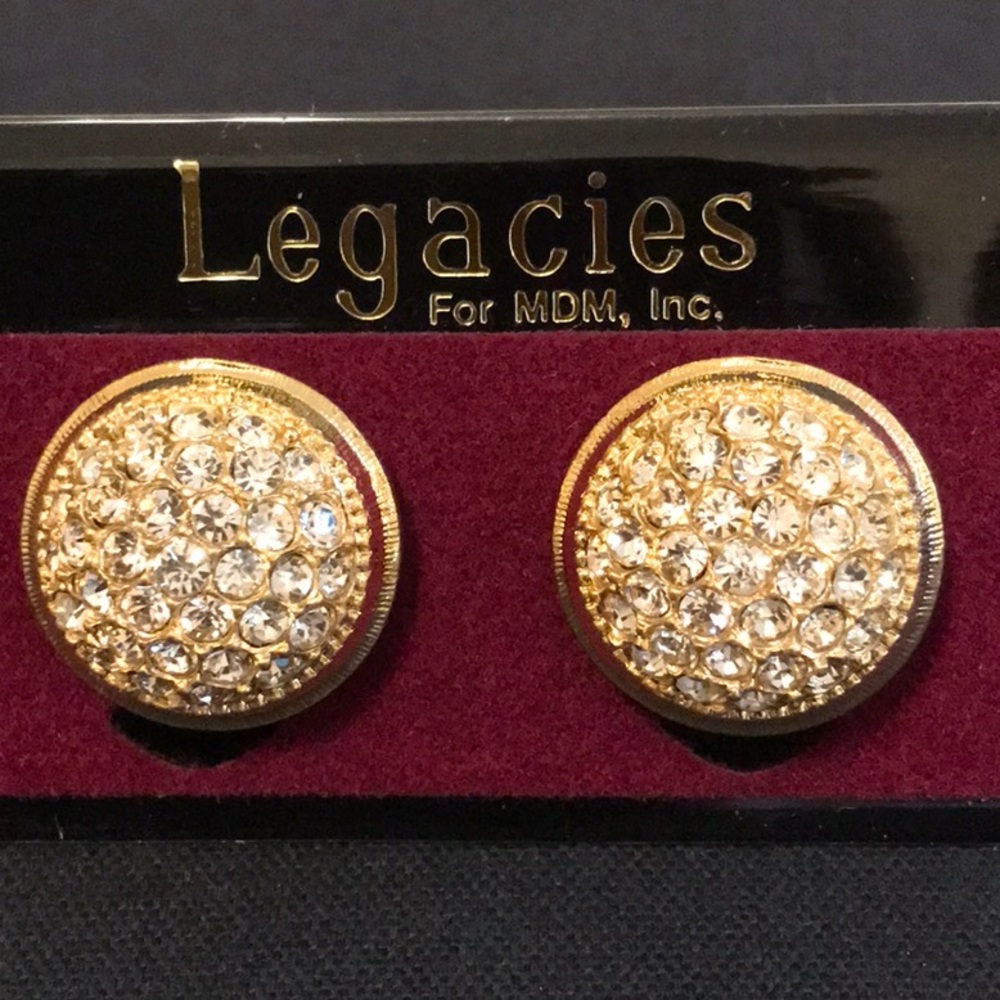 CRYSTAL DOME CLIP EARRINGS WITH GOLD TONE BORDER APPROX 1 1/4 INCHS NWT